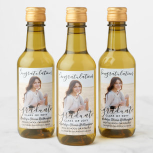Graduation Congratulations Photo Black Script Mini Wine Label