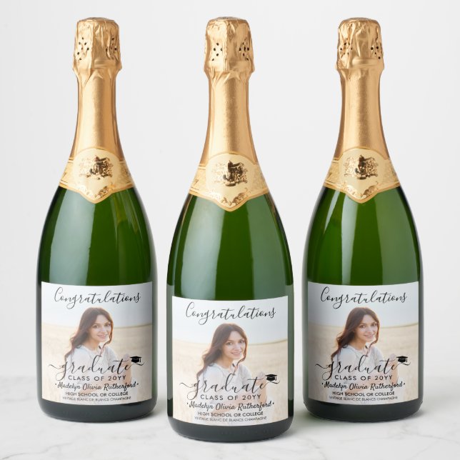 Graduation Congratulations Photo & Black Script Sparkling Wine Label (Bottles)