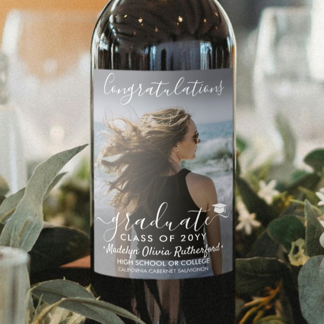 Graduation Congratulations Photo & White Script Wine Label (Creator Uploaded)
