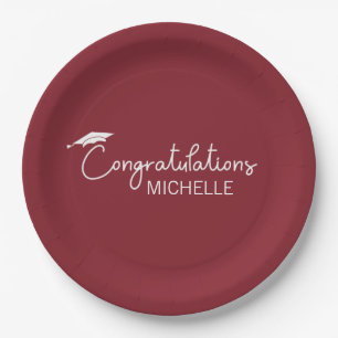 Graduation Congratulations Red White Script Simple Paper Plate