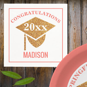 Graduation Coral Pink Gold Cap Congratulations Napkin