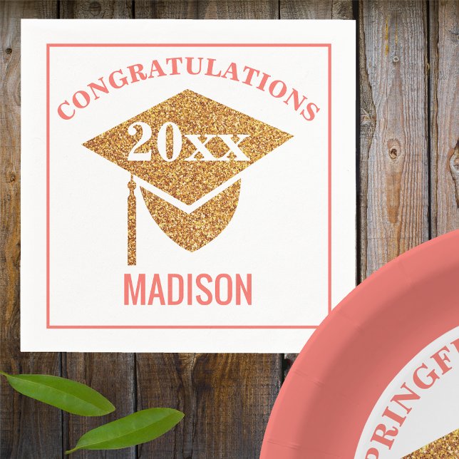 Graduation Coral Pink Gold Cap Congratulations Napkin (Creator Uploaded)