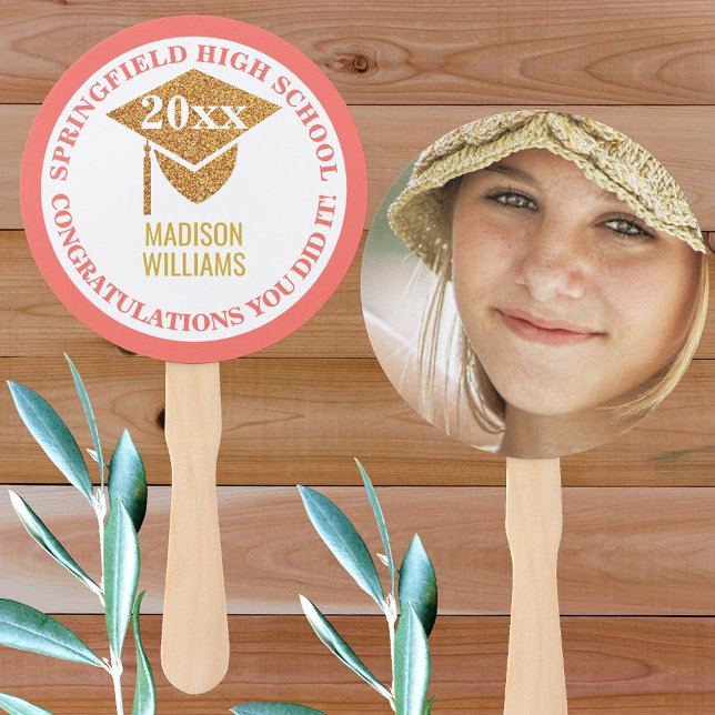 Graduation Coral Pink Gold Photo Congratulations Hand Fan (Creator Uploaded)