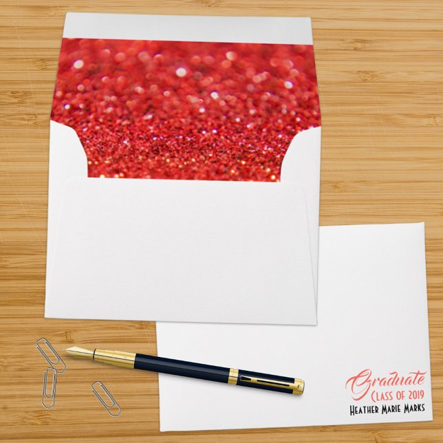 Graduation Coral Typography Glitter Bokeh Inside Envelope (Creator Uploaded)