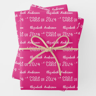 Graduation Cursive Grad Full Name Hot Pink & White Wrapping Paper Sheet