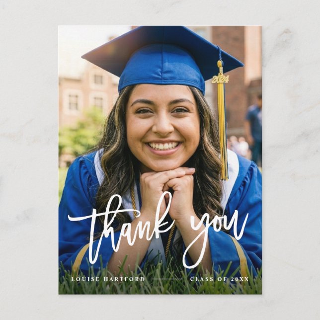 Graduation | Custom Elegant Script Photo Thank You Postcard (Front)