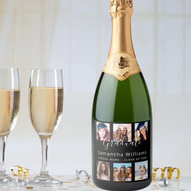 Graduation custom photo collage black sparkling wine label (Creator Uploaded)