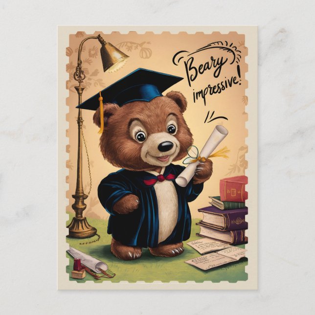 Graduation Cute Vintage Bear Postcard (Front)