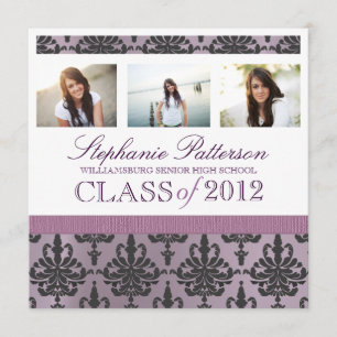Graduation Damask Print Three Photo Collage Purple Invitation