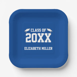 Graduation Deep Blue and White Graduate's Name Paper Plate