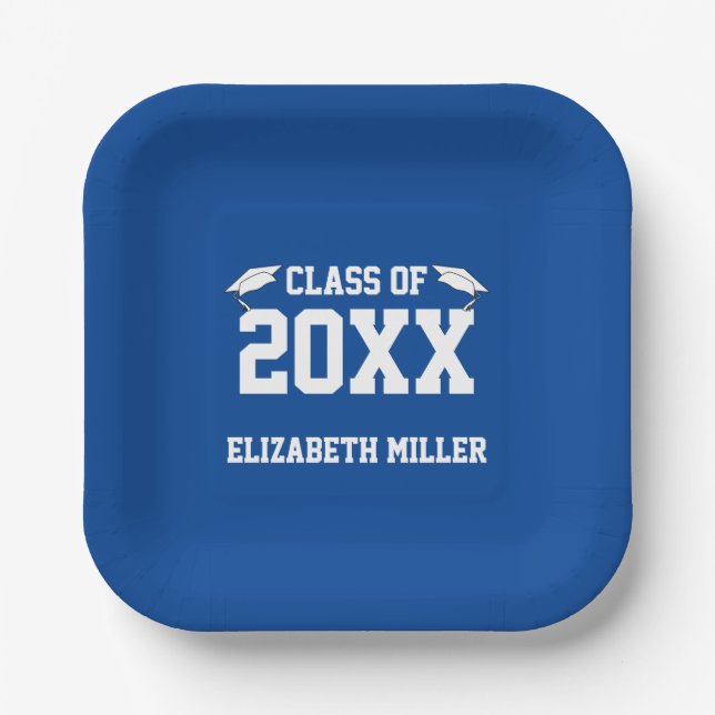 Graduation Deep Blue and White Graduate's Name Paper Plate (Front)