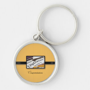 Graduation Diploma, Black, Gold, Round Gift Key Ring