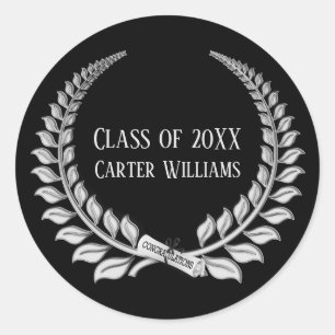 Graduation Diploma Silver Laurel on Black Classic Round Sticker