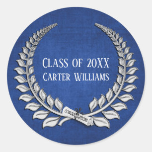 Graduation Diploma Silver Laurel on Blue Classic Round Sticker