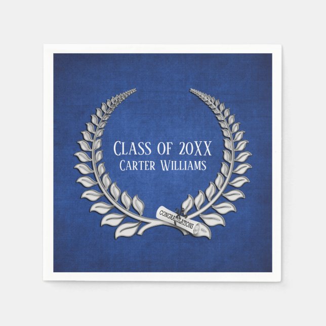 Graduation Diploma Silver Laurel on Blue  Napkin (Front)