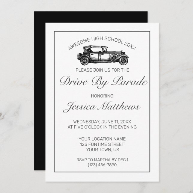 Graduation Drive By Parade Modern Minimalist White Invitation (Front/Back)