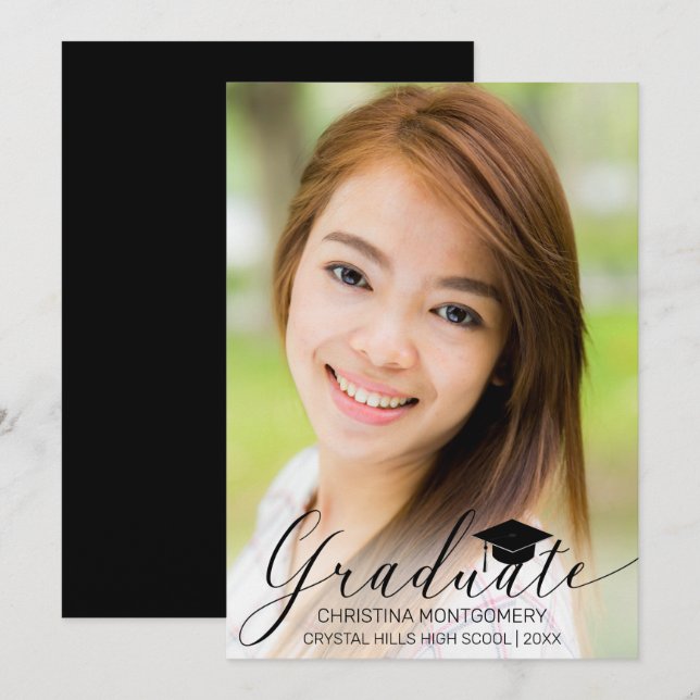 Graduation Elegant  Black Script Grad Cap Photo  Announcement (Front/Back)