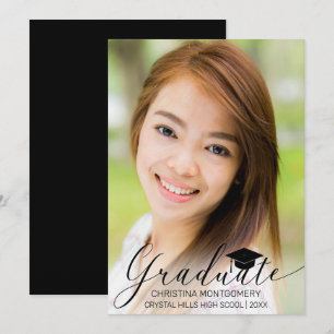 Graduation Elegant Black Script Grad Cap Photo Announcement