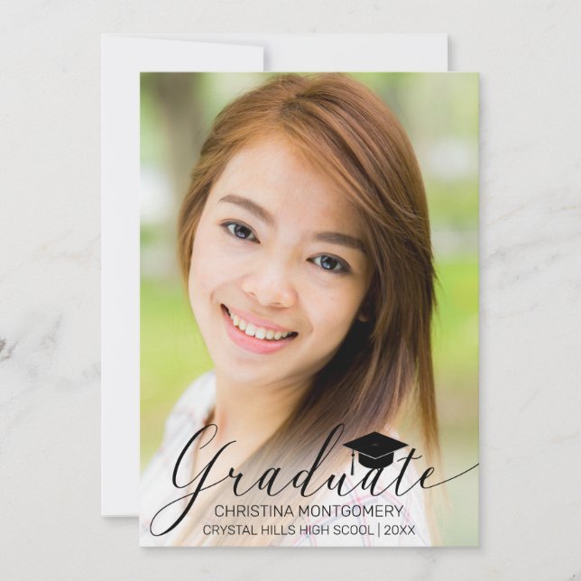 Graduation Elegant  Black Script Grad Cap Photo Announcement (Front)
