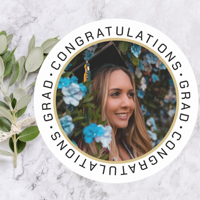 Graduation Elegant Gold Black Custom Photo Classic Round Sticker (Creator Uploaded)