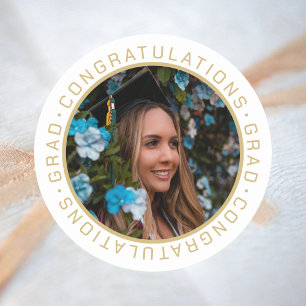 Graduation Elegant Gold Custom Photo Classic Round Sticker