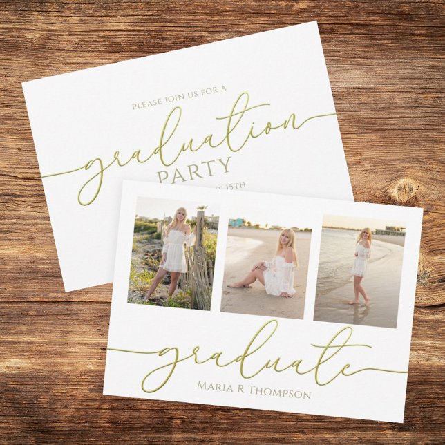 Graduation Elegant Minimalist Three Photo Gold  Card (Creator Uploaded)