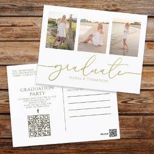 Graduation Elegant Minimalist Three Photo QR Code Postcard