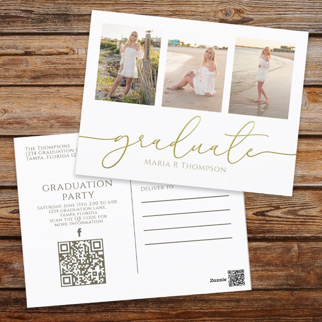 Graduation Elegant Minimalist Three Photo QR Code Postcard (Creator Uploaded)