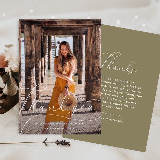Graduation Elegant Script Green Photo Thank you Invitation (Creator Uploaded)