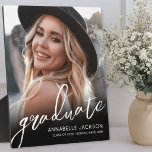 Graduation Elegant Script Photo Plaque<br><div class="desc">This simple and minimalist graduation easel table top sign or plaque features a full-page photo with a sleek and modern layout. “Graduate” is displayed in elegant handwritten script, with the graduate’s name, “Class of 2026, ” and the school name below in classic fonts for a clean and polished look. Designed...</div>