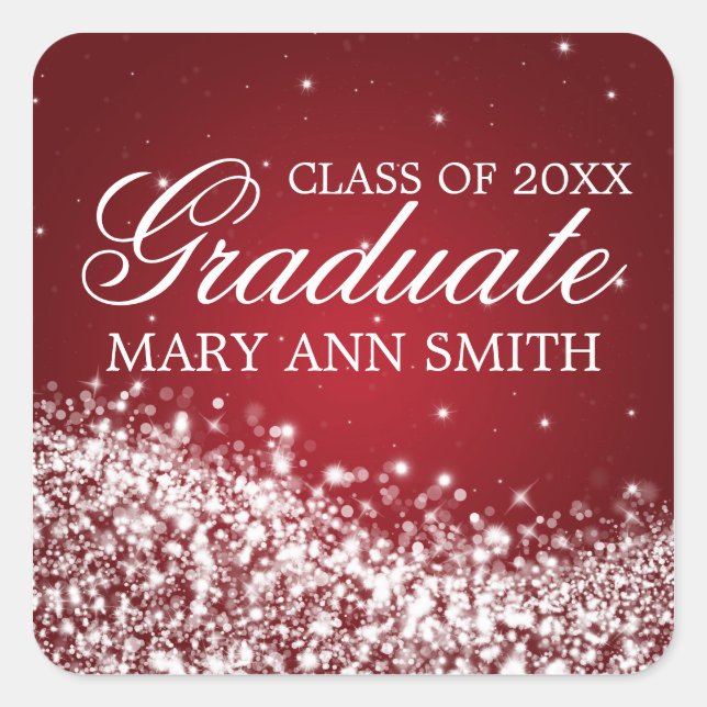 Graduation Elegant Sparkling Wave Red Square Sticker (Front)
