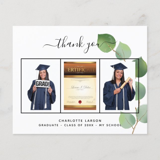 Graduation eucalyptus photo budget thank you card (Front)