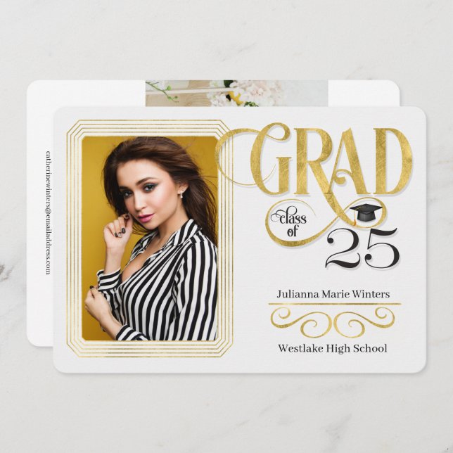 Graduation Faux Gold Leaf Class of 2025 Photo Invitation (Front/Back)
