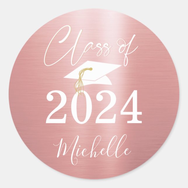 Graduation Faux Metallic Rose Gold Class Year Name Classic Round Sticker (Front)