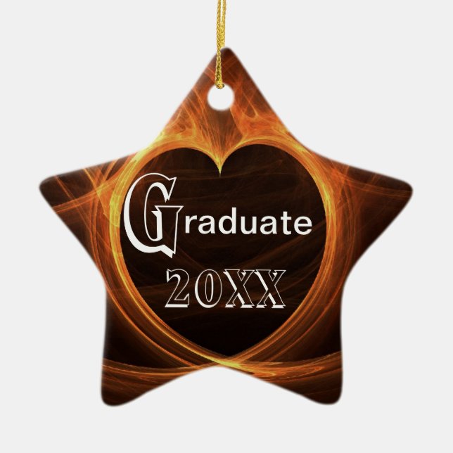 Graduation Flaming Orange  Heart Design Keepsake Ceramic Tree Decoration (Front)