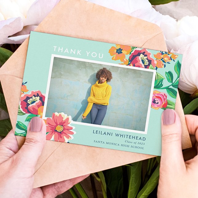 Graduation Floral Aqua Blue Photo Thank You Card (Creator Uploaded)