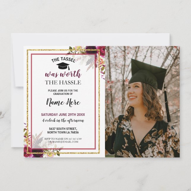 Graduation Floral Berry Rustic Gold Photo Invitation (Front)