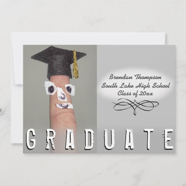 Graduation Funny Finger Cartoon Grad Cap Announcement (Front)