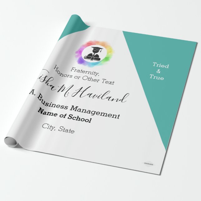 Graduation Gift Wrap Aqua and White  HAMbyWG (Unrolled)