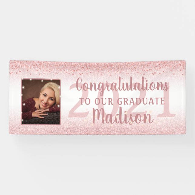 Graduation Girly Rose Gold Glitter Sparkle Photo Banner (Horizontal)