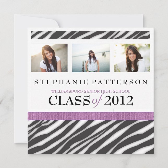 Graduation Glamour Girl Zebra Print with Purple Invitation (Front)