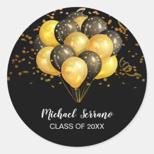 Graduation Gold & Black Balloons On Black Classic Round Sticker