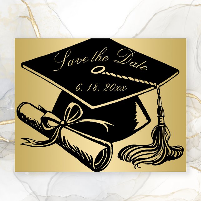 Graduation Gold Black Cap Diploma Save the Date Announcement (Gold Graduation Save the Date with Black Grad Cap)