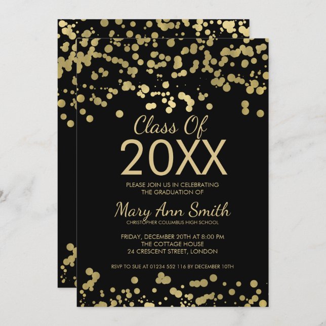 Graduation Gold & Black Foil Confetti Glitter Invitation (Front/Back)