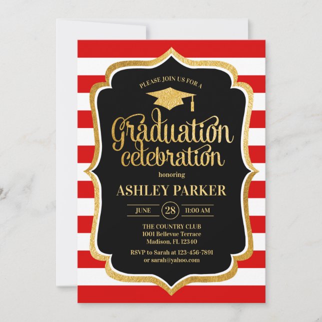 Graduation - Gold Black Red White Stripes Invitation (Front)
