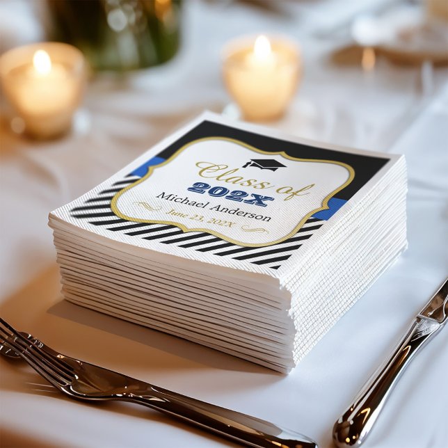 Graduation Gold Blue Black White Stripes Napkin (Creator Uploaded)