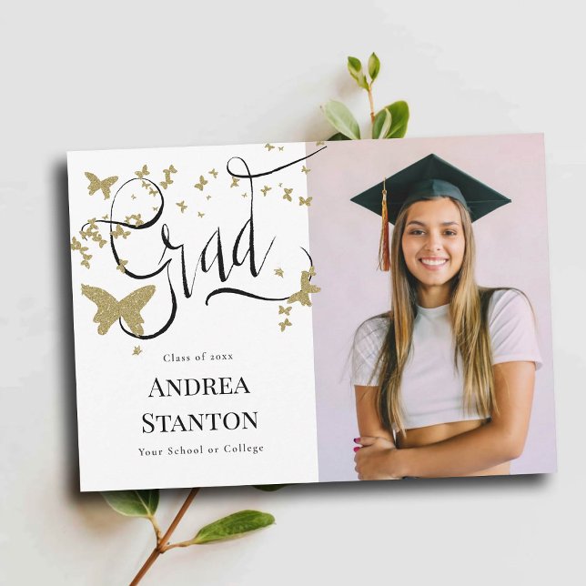 Graduation Gold Butterflies Grad Calligraphy Announcement (graduation announcement grad handwritten calligraphy gold butterflies photo high school college)