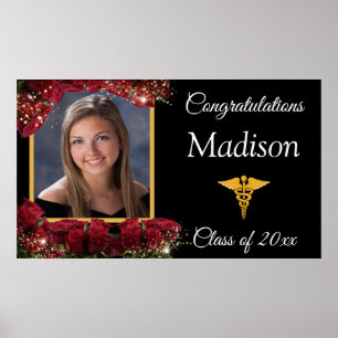 Graduation Gold Caduceus Red Roses Sparkle Poster