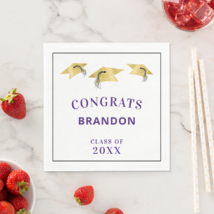 Graduation Gold Cap Toss CONGRATS Name Purple Napkin