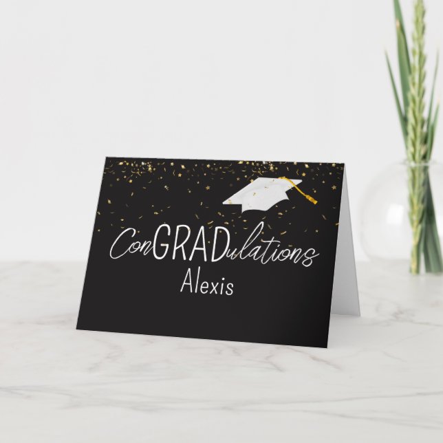 Graduation Gold Confetti and White Cap Card (Front)